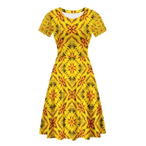 Vibrant Yellow Toghu: Northwestern Cameroon Women's Scoop Neck Ruffle Dress - Traditional Boho Elegance