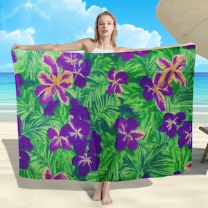 Elegant Blue Flag Iris Green Sarong Scarf - Beach Wrap Pareo Swimwear Cover-Up