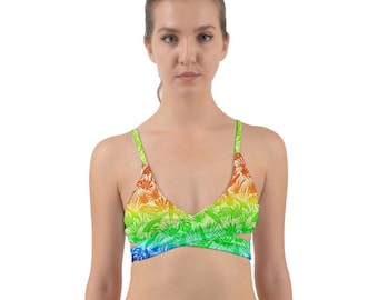 Rainbow Gradient Monstera Palm Wrap Around Bikini Top