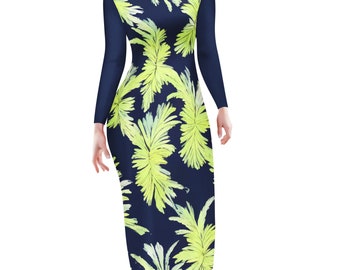 Palm Fronds - Lime Green and Black Women Bodycon Midi Sheath Dress - up to 4XL