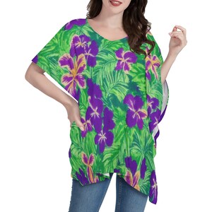 Blue Flag Iris on Green Women Oversize Shirt Dress