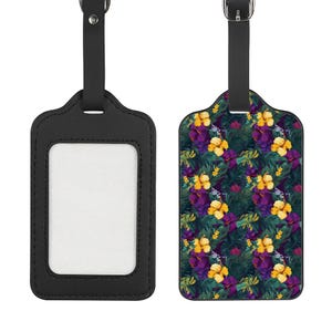 Étiquette à bagage Tropical Hibiscus : porte-carte d'identité violet et jaune à imprimé jungle florale pour valises