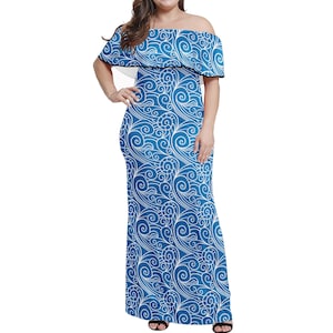 Elegante vestido chinês azul ondulado ombro a ombro maxi - vestido boho plus size linha A para mulheres