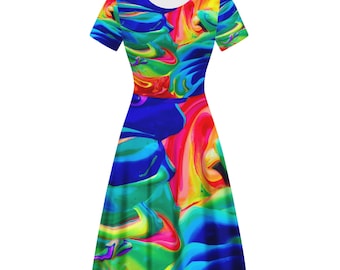 Rainbow Confusion Women Scoop Neck Ruffle Dress