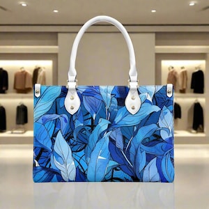 Lebendiges Blau Tropenblatt Designer PU-Leder-Handtasche mit verstellbarem Riemen - Elegante Blumen Crossbody