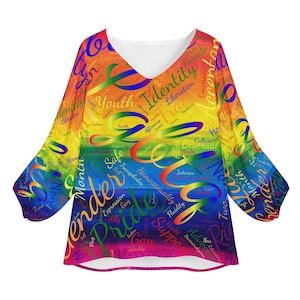 LGBTQ Pride Rainbow Word Cloud Women&#39;s Puff Sleeve Blouse - Stylish Long Sleeve Top