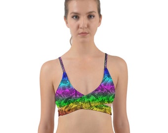 Rainbow Monstera Palm Wrap Around Bikini Top