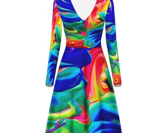 Rainbow Confusion Women V-Neck Long Sleeve Ruffle Dress