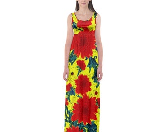 Red Flowers on Yellow Empire Waist Maxi Dress