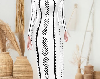 African | Ethnic | Mudcloth | White and Black Women Bodycon Midi Sheath Dress - up to 4XL