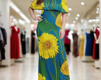Vestido largo con hombros descubiertos y estampado de girasoles