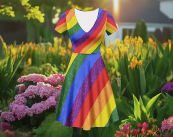Rainbow Pride V-Neck Ruffle Maxi Dress | LGBTQ+ Luxury Plus Size Fashion 4XL | Queer Party Clothing