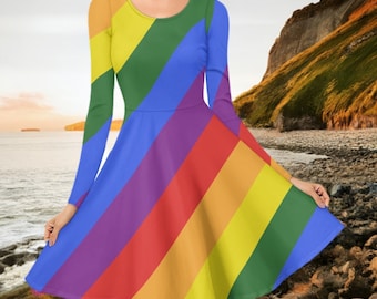 Vibrant LGBTQ+ Pride Ruffle Dress: Long Sleeve, Scoop Neck, Inclusive Sizes XS-4XL