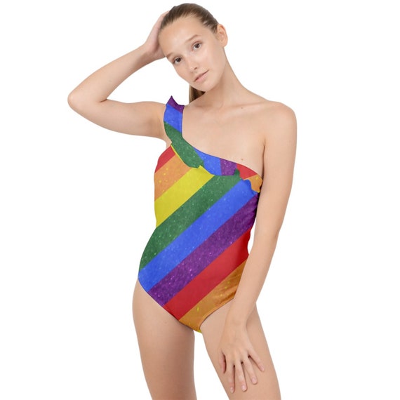 Rainbow Pride Frilly One Shoulder Swimsuit Etsy UK
