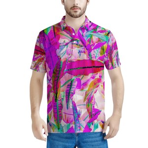 Men&#39;s Purple Croton Embroidered Aloha Polo Shirt - Short Sleeve Summer Cotton Collared Dad Gift