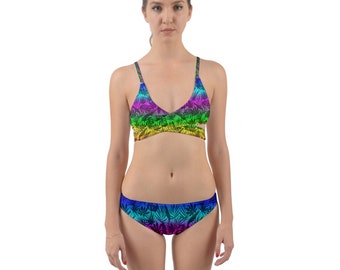 Rainbow Monstera Palm Wrap Around Bikini Set