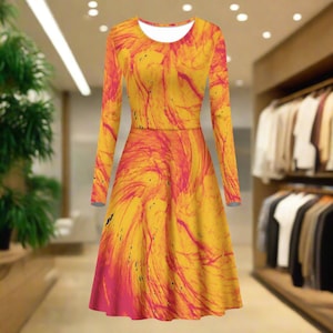 Pele&#39;s Flame Scoop Neck Long Sleeve Dress with Ruffles