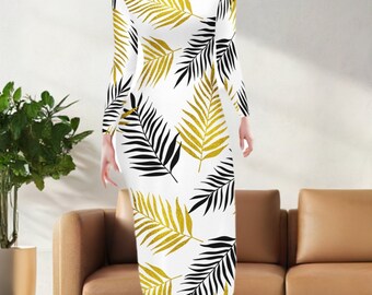 Black and Gold Palm Branches Women Bodycon Midi Sheath Dress - up to 4XL