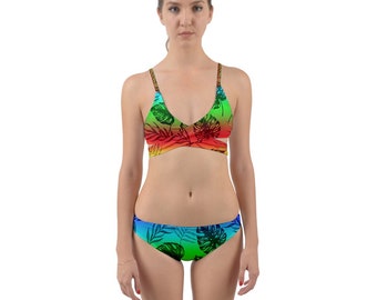 Rainbow Monstera Wrap Around Bikini Set