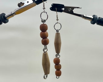 Wood Beads Dangly Earrings / Asymmetrical Earrings / Made by Recycled Materials / Boho / Art Deco