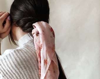 Leaf print silk scarf hand made, Dyed blush pink color silk bandana, Square organic silk scarf for neck, Plant dyed Silk bandana