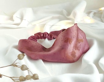 Natural print dyed silk Headband wide, Dyed organic silk hair band in tone pink, Pure silk elastic hairband for winter