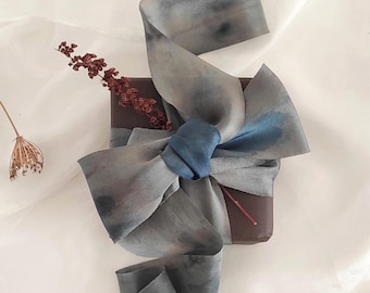 Plant print silk ribbon, Provence blue habotai silk ribbon, Handmade wide ribbon for spring