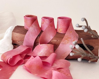 Pink Silk Ribbon Set, Botanical Dyed Natural Print, Mulberry Silk Gift Wrapping
