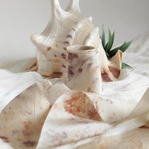 Pure silk ribbon dyed with botanical print in tone cream, Wide sustainable silk ribbon dyed natural plant, Organic ribbon for especial gifts