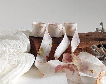 Botanical Print Silk Ribbon, Raw Edge Neutral Ribbon, Gift Wrapping