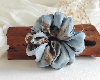 Eco print natural silk scrunchie, Plant dyed silk hair tie indigo blue, Organic hair elastics for her girls, Natural casual scrunchy for mom