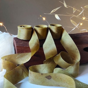 Set of three mulberry silk ribbons in ochre tones, Plant print silk ribbon, Dyed silk ribbon, Dyed organic ribbon for gift accessories