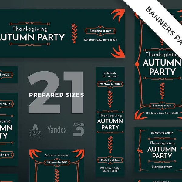 Thanksgiving Party Banners Pack, Facebook, Twitter, Youtube, Google, Adroll Templates, Celebration, Marketing, Promo, Social Media, Website