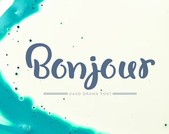 Bonjour hand drawn FONT unique flourishes swirl letters for wedding or Valentines greeting cards, logo, invites, thin, elegant calligraphic