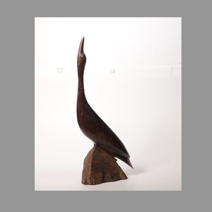 hand carved wood Heron figure statue - bird figurine mcm decoration abstract solid wood