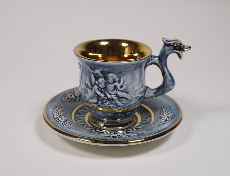 Capodimonte Italy Tea Set of 5 Cups and Saucers Cherub and Dragon