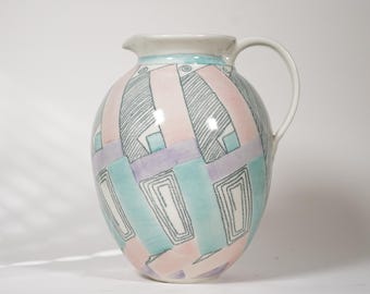 Jarra de cerámica Art Déco vintage: Jarra de agua geométrica en tonos pastel, firmada