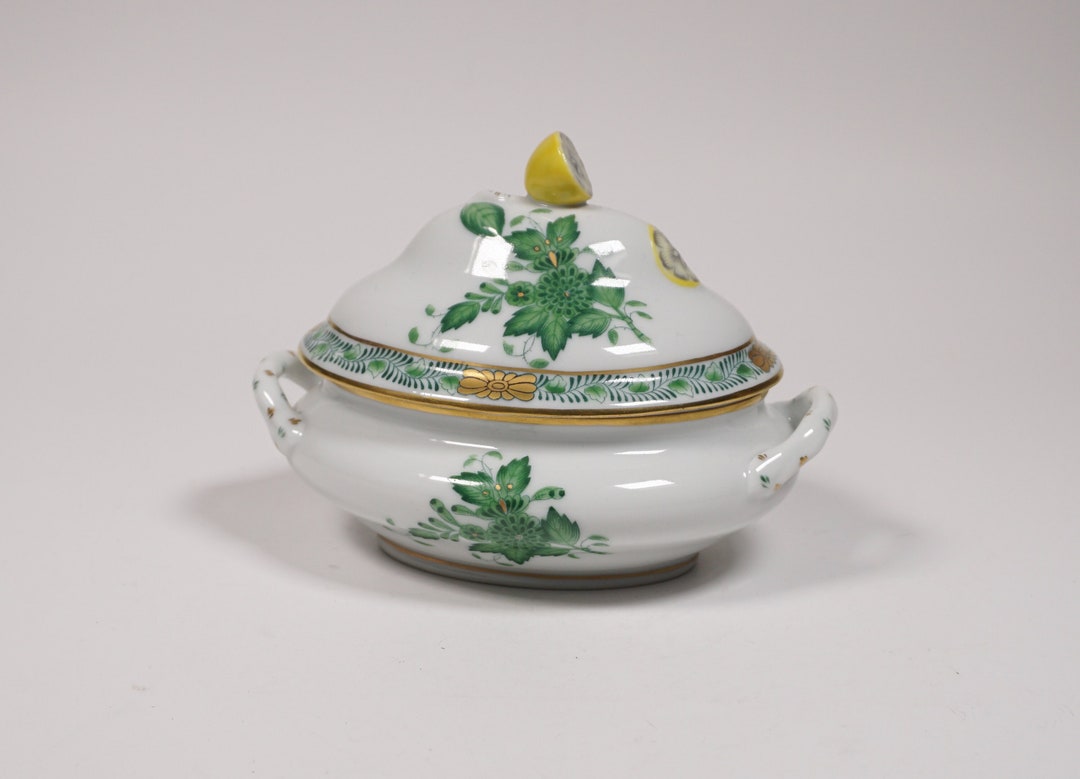 Herend Golden Edge Porcelain Tureen Apponyi Pattern With Lemon Knob Finial and Lid Early Mark