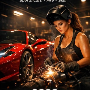 Puede incluir: Imagen de una mujer soldando cerca de un coche deportivo rojo. El texto "PRECISION & POWER" está en la parte superior, con "Sports Cars • Fire • Skill" debajo. El número "2026" está en la parte inferior.