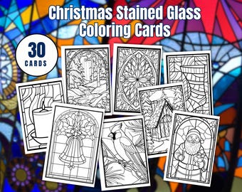 May include: A set of 30 Christmas stained glass coloring cards. Each card displays a different black and white design, such as a candle, bell, bird, and Santa Claus. The cards are set against a backdrop of colorful stained glass.
