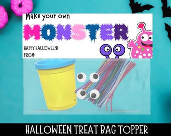Halloween Treat Bag Toppers for Halloween Class Gift, Halloween Favor Tags, Make Your Own Monster Treat Bag Toppers, Monster Kit Tag for Kid
