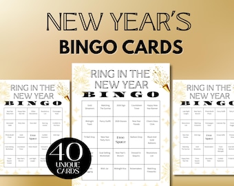 May include: New Year's Bingo Cards with the text "Ring in the New Year Bingo" on white cards. The cards have gold and black text and graphics. The image includes 40 unique cards.