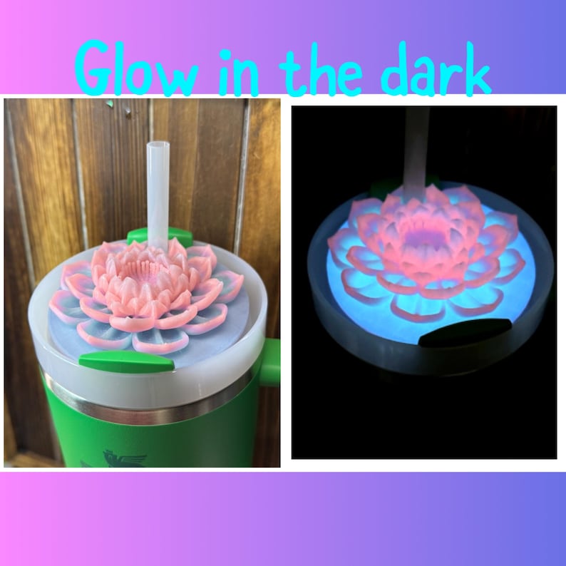 May include: A green and silver insulated tumbler with a pink flower-shaped lid and a white straw. The image on the right shows the flower glowing pink with a blue base. The text "Glow in the dark" is at the top.