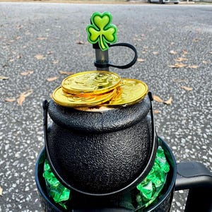 May include: A black plastic cauldron with a gold coin lid and a green shamrock on top. The cauldron is filled with green and white ice.