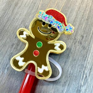 May include: A gold gingerbread man ornament with a red and iridescent glitter Santa hat. The ornament is attached to a red stick with a clear plastic ring.