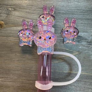 May include: Three pink bunny-shaped bottle stoppers with glitter and iridescent accents. The stoppers are attached to a clear plastic tube with a pink silicone ring.