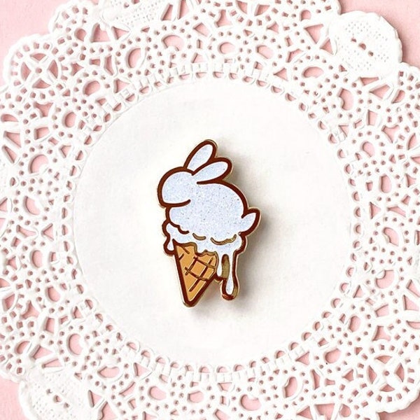 Bunny Ice Cream Glitter Hard Enamel Pin / cute, rabbit, lapel pin, badge, gold