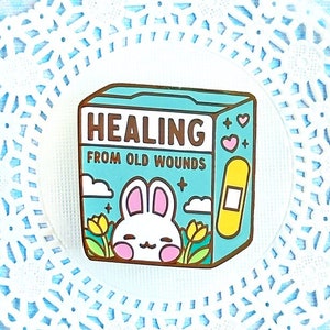 Healing From Old Wounds Bandage Bunny Box Hard Enamel Pin / mental health, trauma, recovery, healing, therapy, cute lapel pin, badge, kawaii