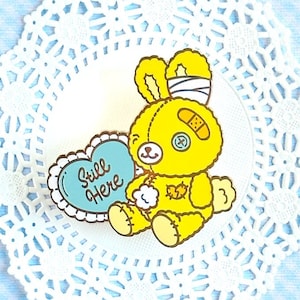 Still Here Bunny Plush Hard Enamel Pin / mental health, trauma, recovery, healing, therapy, cute lapel pin, badge, gold, kawaii