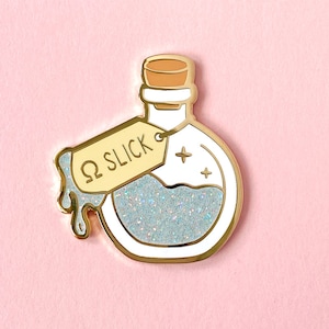 Omega Slick Bottle Glitter Hard Enamel Pin / funny, omegaverse, A/B/O, adult, lapel pin, badge, gold